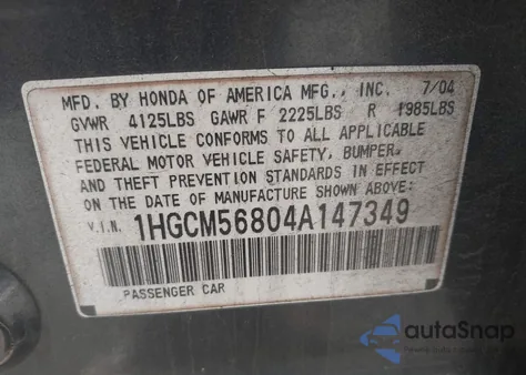 2004 Honda Accord 2.4 Ex z USA, uszkodzony, nr VIN 1HGCM56804A147349